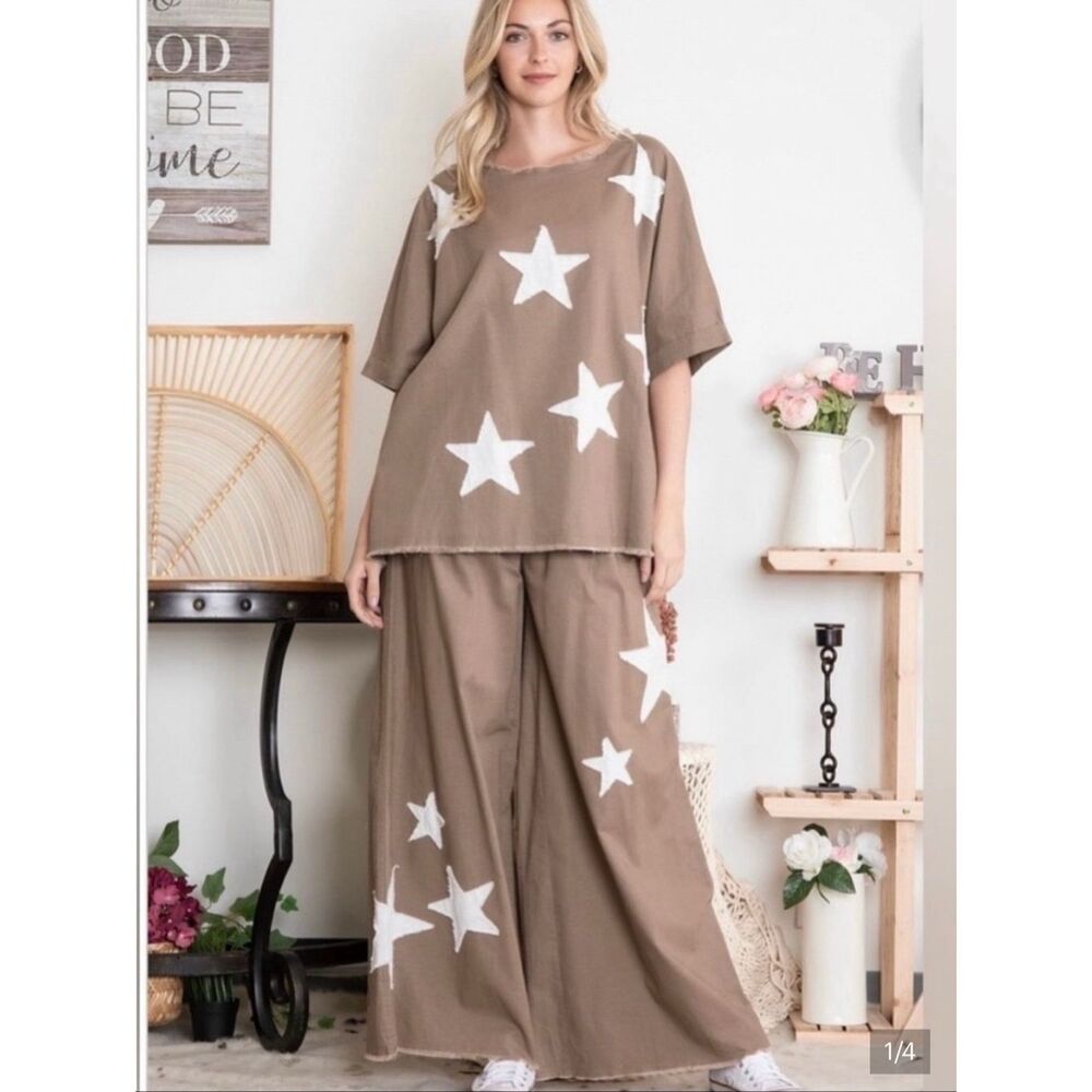 Blue Velvet Linen Blend Star Patch Top & Pants Set Size S/M